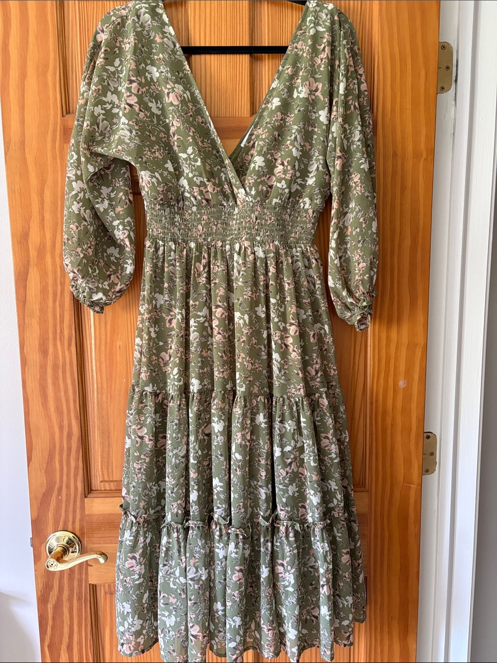 Baltic Born Floral Tiered V-Neck Midi Dress - Olive Green - size small